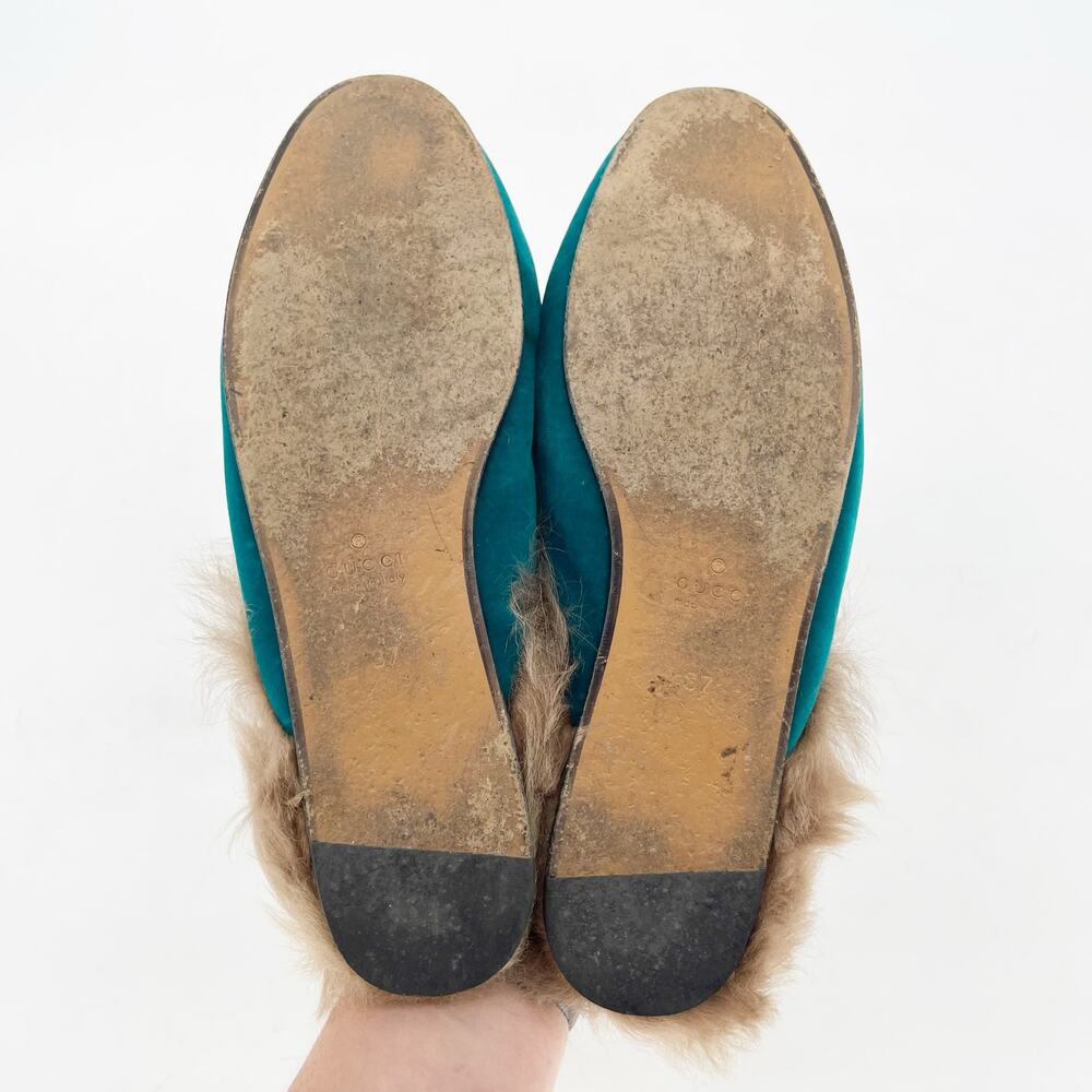 Gucci Teal Velvet Fur Lined Princetown Horsebit Mule Slipper Flats EU 37 - Picture 7 of 9